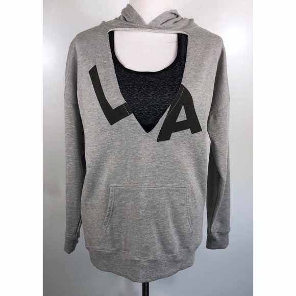 Material Girl Gray LA Deep Plunging V-Neck Hoodie - Picture 3 of 6